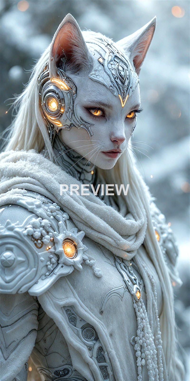 A highly detailed, futuristic humanoid feline with white fur, glowing orange eyes, and intricate metallic armor and cybernetic enhancements on its face and shoulders, set against a snowy, blurred background.